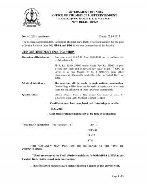 VMMC & Safdarjung Hospital Recruitment 2017 for 186 Junior Resident (non-PG) Posts