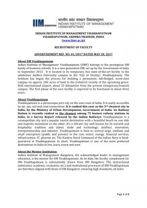 Indian Institute of Management (IIM), Visakhapatnam Recruitment 2017 for Faculty Post