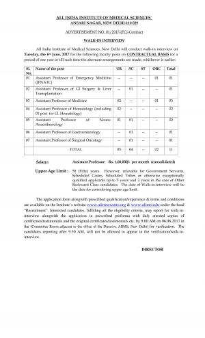 AIIMS, New Delhi Recruitment 2017 for 11 Assistant Professor Posts