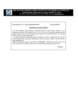 DRRMLIMS Recruitment 2017 for 26 Faculty Posts