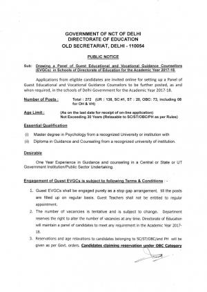 Directorate of Education, Government of Delhi Recruitment 2017 for 272 Guest Teacher Posts
