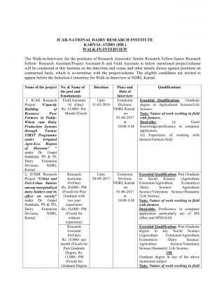 ICAR-NDRI, Karnal Recruitment 2017 for 07 RA, JRF, SRF and other Posts