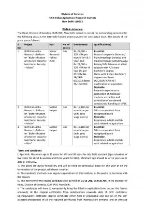 ICAR-IARI Recruitment 2017 for 03 SRF and Skilled Helper Posts