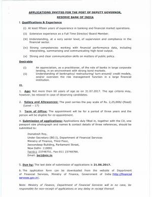 RBI Recruitment 2017 for Deputy Governor Posts