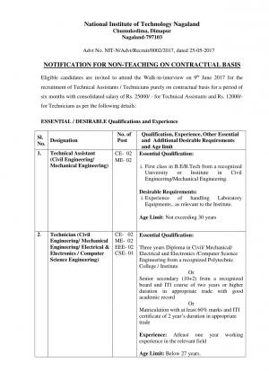 NIT Nagaland Recruitment 2017 for 11 Technical Assistant and Technician Posts