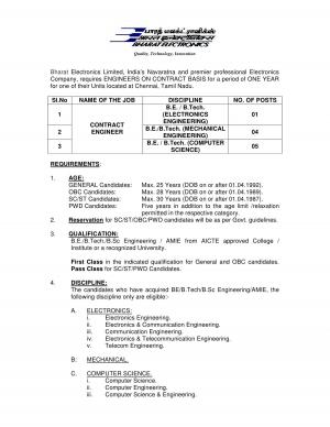 Bharat Electronics Limited (BEL) Recruitment 2017 for 10 Contract Engineer Posts