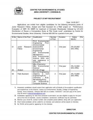 Anna University Recruitment 2017 for 04 JRF, Analyst and Field Assistant Posts