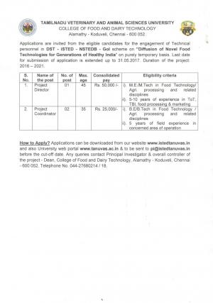 TNVASU Recruitment 2017 for 03 Project Director and Project Coordinator Posts