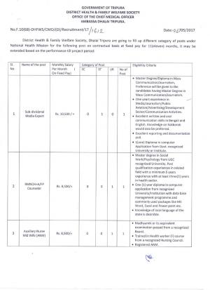DHFW, Tripura Recruitment 2017 for 60 Multi Purpose Worker & Other Posts