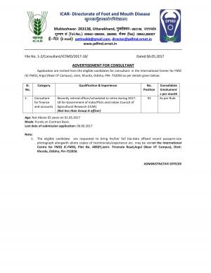 ICAR-DFMD Recruitment 2017 for Consultant for Finance and Accounts Post