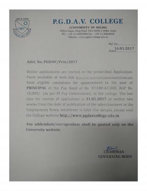 PGDAV College Recruitment 2017 for Principal Post