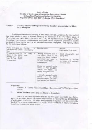 UIDAI, Chandigarh Recruitment 2017 for 4 Private Secretary Posts 