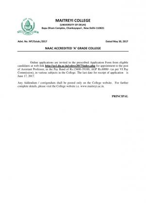 Maitreyi College, DU Recruitment 2017 for 67 Posts of Assistant Professors