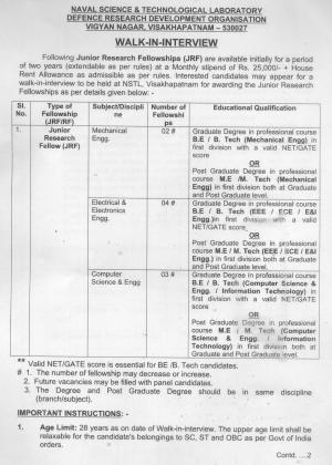 DRDO NSTL Recruitment 2017, Walk in for the Interview for 9 Vacancies for JRF Posts