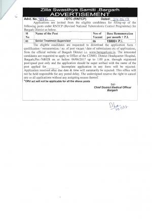 CDMO, Zilla Swasthya Samiti, Bargarh Recruitment 2017 for 06 Sr. Treatment Supervisor Posts