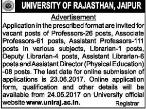 University of Rajasthan Recruitment 2017 for 217 Posts of Assistant Professors, Librarians & Others