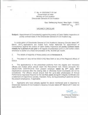 DGCA, Govt. of India Recruitment 2017 for 03 Posts of Cabin Safety Inspectors