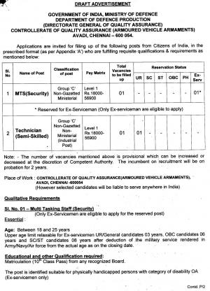 DGQA Recruitment 2017, 2 Vacancies for MTS and Technician (Semi Skilled) Posts 