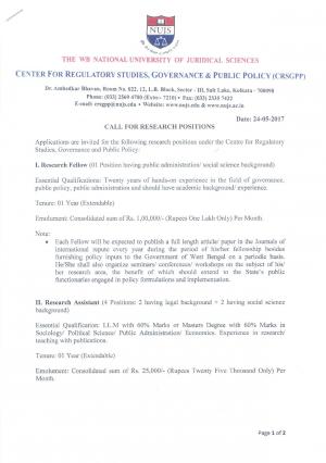 WB NUJS Recruitment 2017 05 Research Fellow and Research Assistant Posts