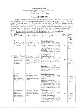 ICFRE Recruitment 2017, Walk In Interview for 09 JRF, SRF, RA and Project Assistant Posts