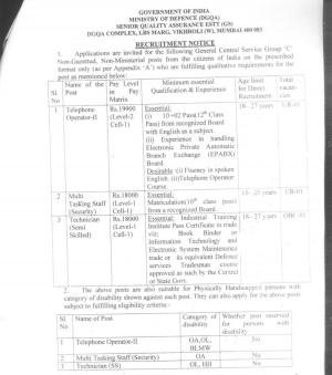 DGQA Senior Quality Assurance Recruitment 2017, 3 Vacancies for Tele Operator, MTS and Other 