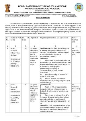 NEIFM Recruitment 2017, 4 Vacancies for JRF Posts 