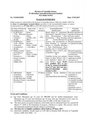 ICAR-IARI Recruitment 2017, Walk-In Interview for 06 SRF, JRF and other Posts,