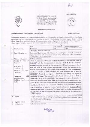 Hindustan Copper Limited, Rajasthan Recruitment 2017 for 04 Posts of Electricians