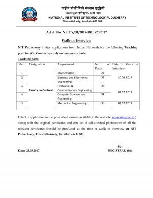 NIT, Puducherry Recruitment 2017, Walk in for 17 Teaching Posts 