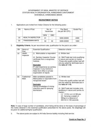 Indian Army Recruitment 2017, 5 Posts for Health Inspector and Other at Station Health Organisation