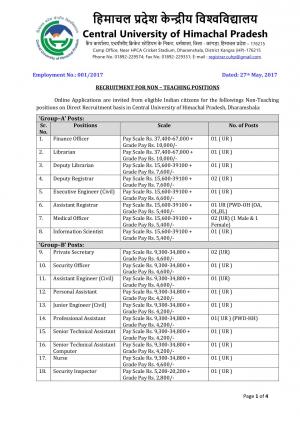 CU Himachal Pradesh Recruitment 2017 for 80 Non-Teaching Staff Posts