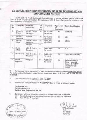 ECHS, Madekeri Recruitment 2017, 8 Vacancies for Medical Officer and Other