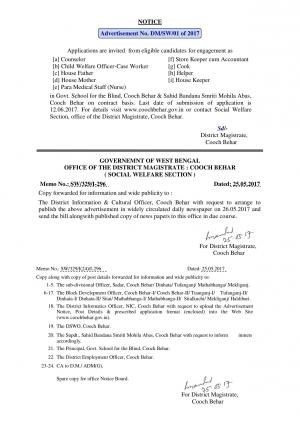 Govt. School for the Blind, Cooch Behar Recruitment 2017 for 17 Counselor & Other Posts