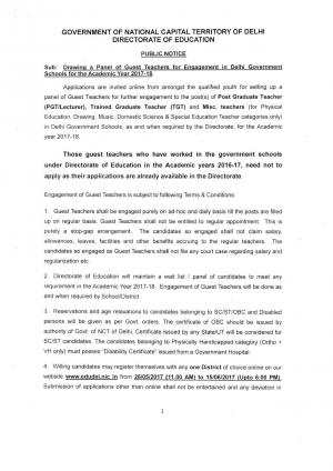Directorate of Education Govt of NCT Delhi Recruitment 2017 for PGT TGT and Others