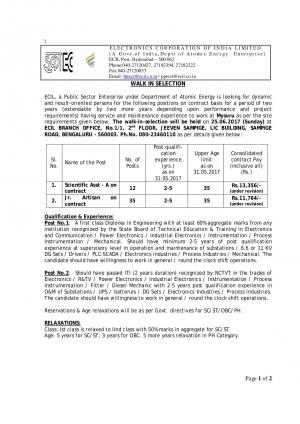 ECIL Recruitment 2017, 47 Vacancies, Walk in for Scientific Asst and Jr Artisan Posts 