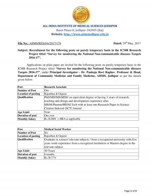 AIIMS Jodhpur Recruitment 2017, 13 Vacancies for Medical Social Worker and Other Posts 