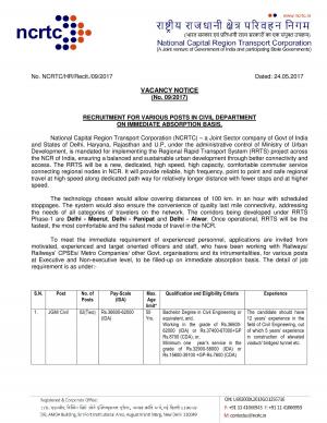 NCRTC Recruitment 2017 for 15 Engineering Associate Grade-I and Other Posts