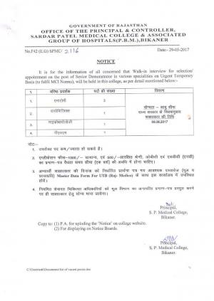 SP Medical College, Bikaner Recruitment 2017 for 06 Senior Demonstrator Posts