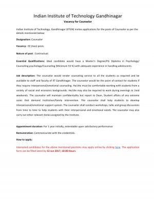 IIT, Gandhinagar Recruitment 2017 for 02 Posts of Counselors