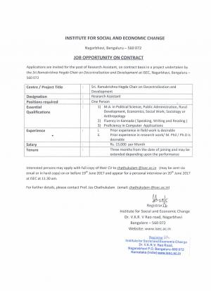 ISEC Recruitment 2017 for 01 Research Assistant Post