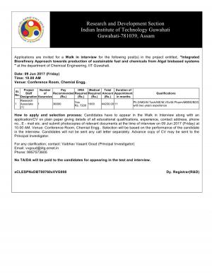 IIT, Guwahati Recruitment 2017 for 01 Research Associate Post