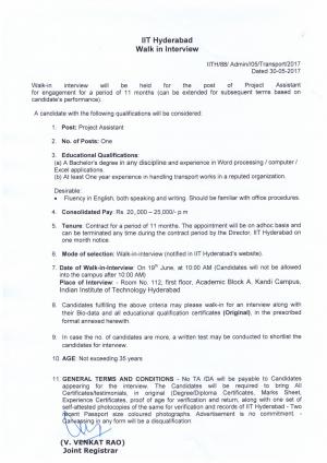 IIT, Hyderabad Recruitment 2017 for 01 Project Assistant Post