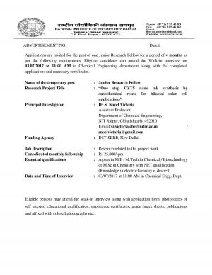 NIT, Raipur Recruitment 2017 for 01 Junior Research Fellow Post