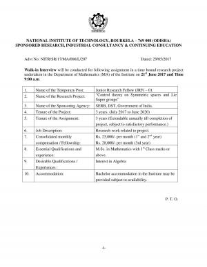 NIT Rourkela Recruitment 2017 for 01 Junior Research Fellow Post