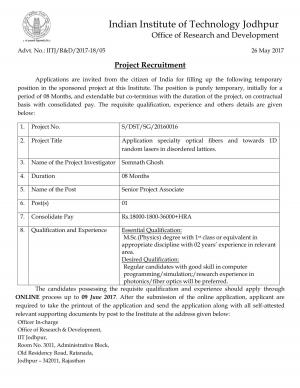 IIT Jodhpur Recruitment 2017 for 01 Senior Project Associate Post