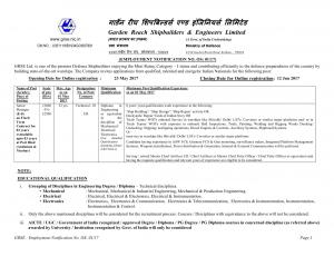 GRSE Recruitment 2017, Apply for the post of Junior Manager (Technical)