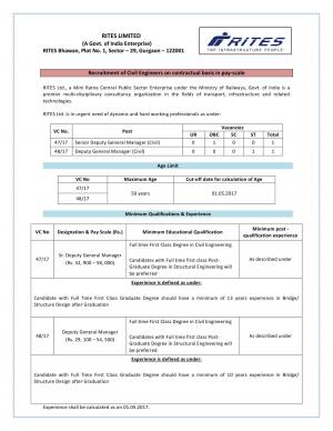 RITES Recruitment 2017, 2 Vacancies for Sr.DGM and DGM (Civil) Posts 