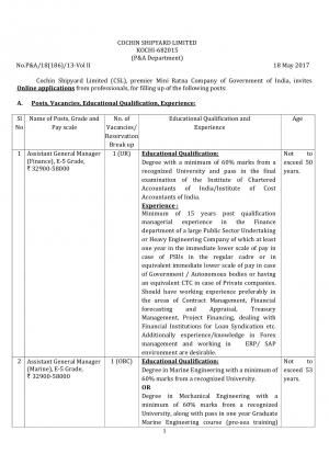 Cochin Shipyard Limited, Kochi Recruitment 2017 for 03 Asst. General Manager & Other Posts