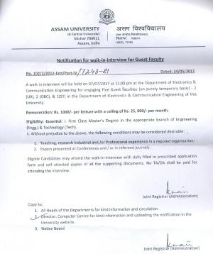 Assam University Recruitment 2017 for 05 Guest Faculty Post 