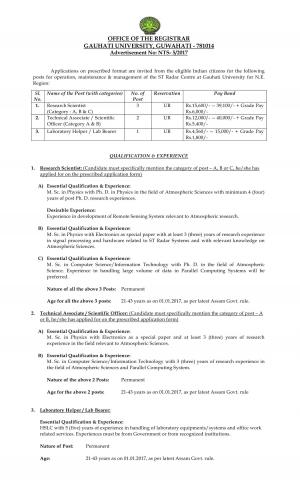 Gauhati University Recruitment 2017 for 06 Research Scientist & Other Posts